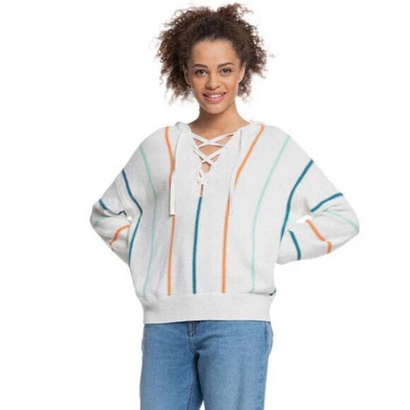 Roxy Bay of Rainbows Knit Hoodie Sweater Women’s Size Small Lace-Up V-Neck - Picture 2 of 13
